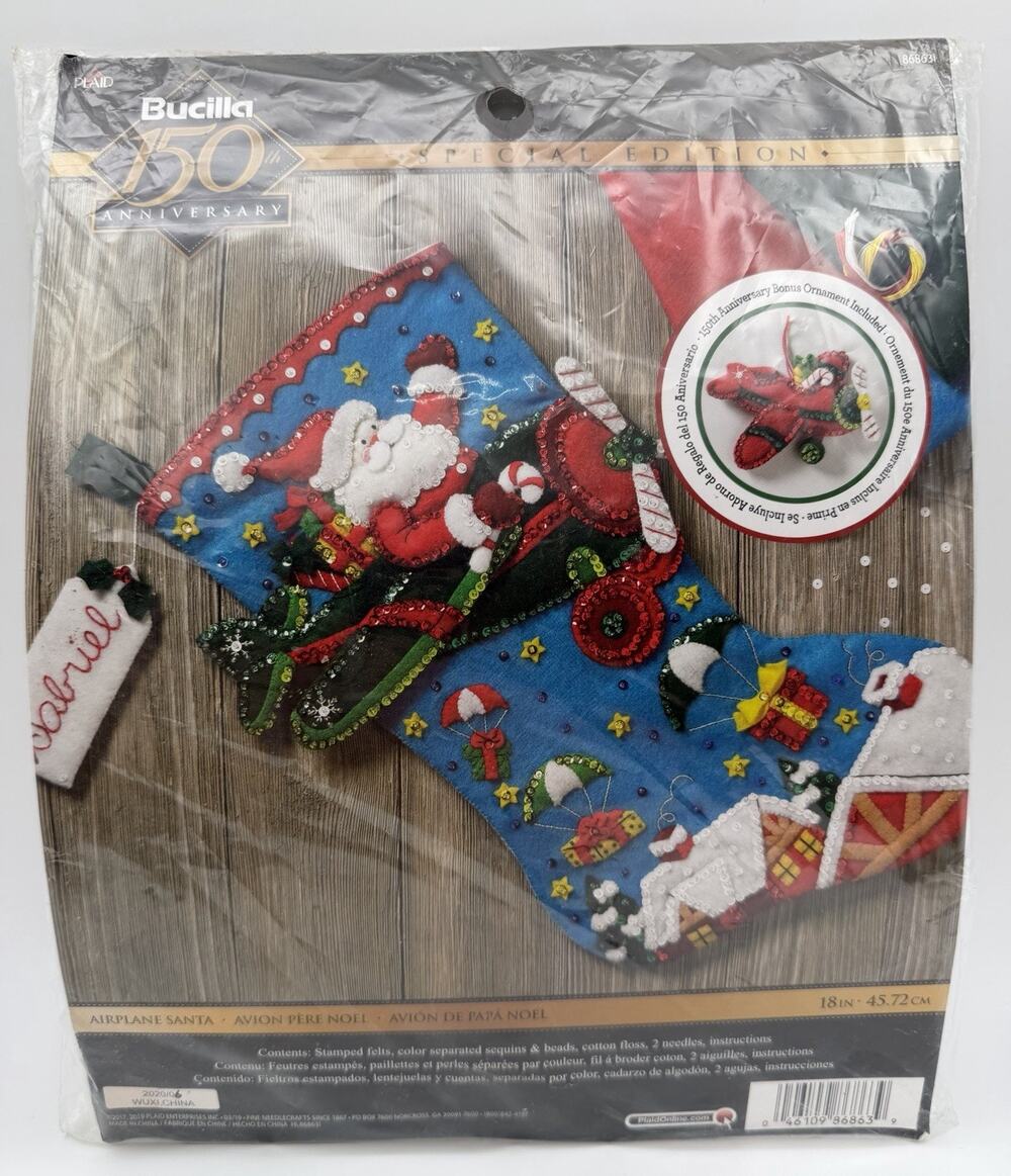 Bucilla Airplane Santa Felt Stocking Kit #868631 Finished Size 18" Rare New